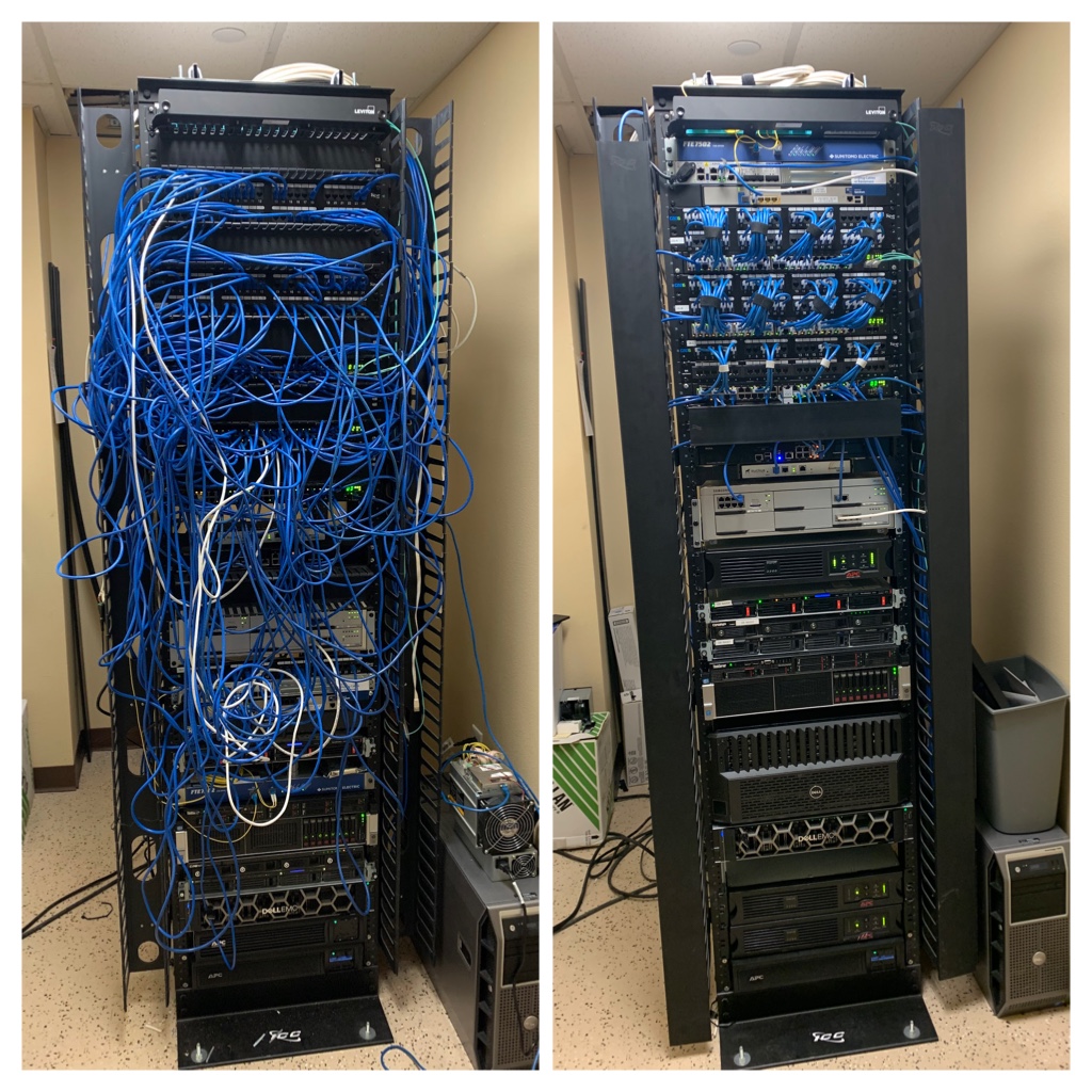 Server rack before and after cleanup — spaghetti wiring organized into clean structured cabling