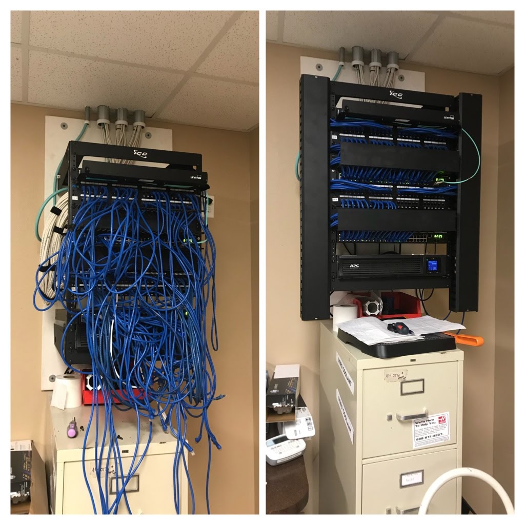 Wall-mounted network rack before and after cleanup — messy cabling organized with patch panels