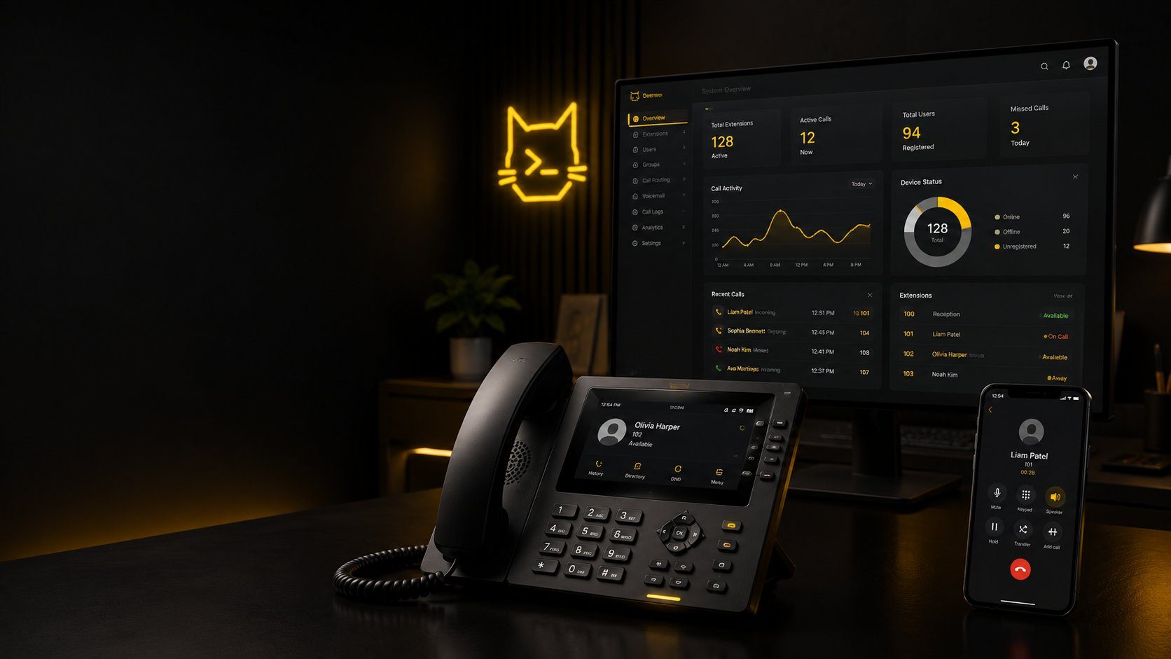 Business VoIP phone system dashboard with desk phone and mobile app